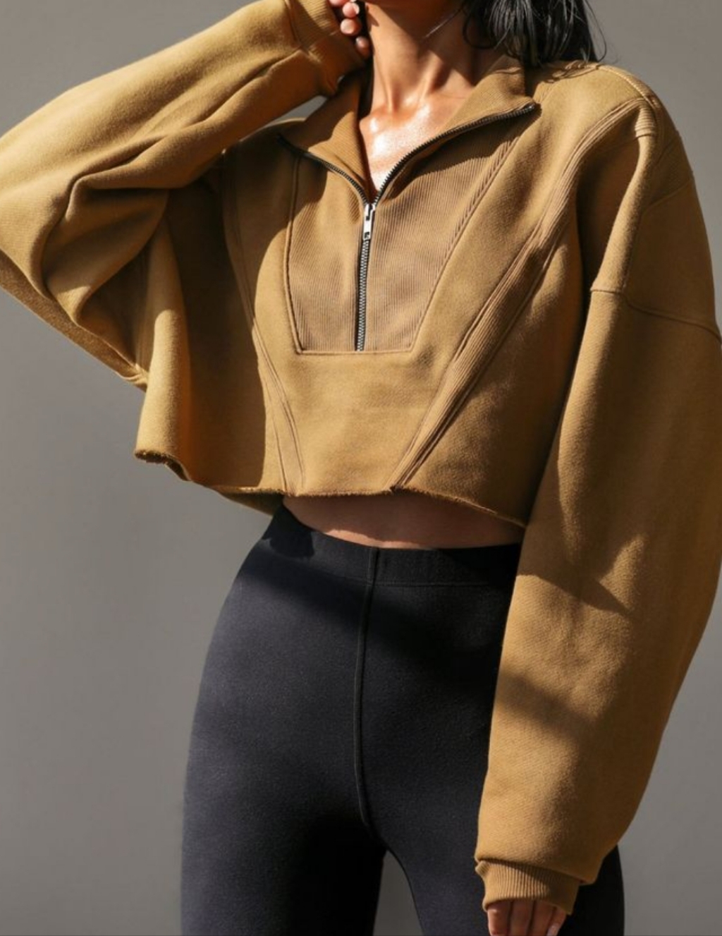 ***Iso***Joah Brown Half Zip Crop Pullover, In French Terry Bronze. Size S/M.